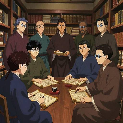 Scholars Discussing Ancient Scrolls in Library