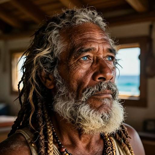 Photograph of an elderly, weathered Indigenous man with gray dreadlocks, white beard, and blue eyes, wearing a beaded necklace, gazing