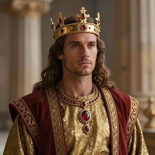 Medieval King in Ornate Gold and Red Robes