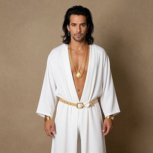 Photograph of a man with dark, wavy hair, wearing a white, open-front robe with gold belt and jewelry, against a beige background.
