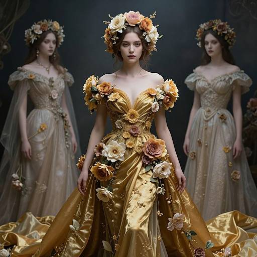 Photograph of three women in elaborate, floral-adorned gold and beige gowns with flower crowns, standing against a dark background.