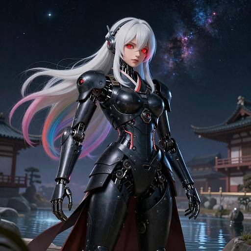 Mecha Kimono Warrior Under Starry Nebula