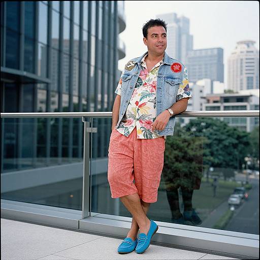 Man in Casual Summer Outfit on Urban Balcony