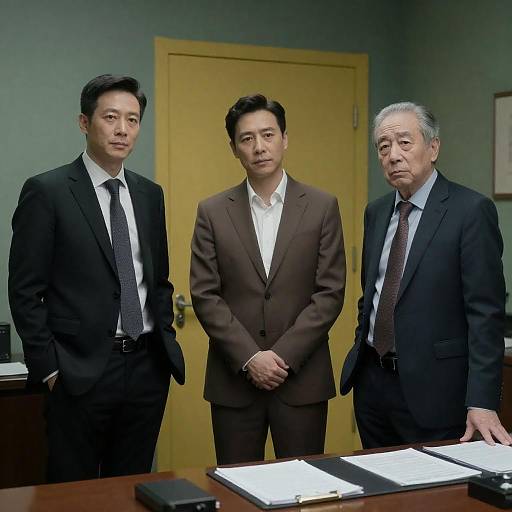 Three Men in Dimly Lit Office