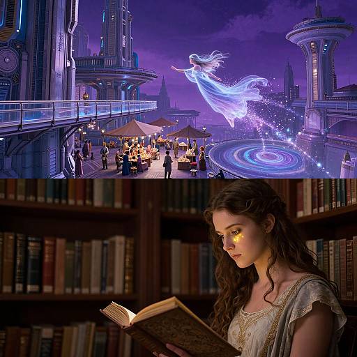 Fantasy CGI: Upper half shows a magical, neon-lit city with a glowing, ethereal horse; lower half depicts a bookish, fair