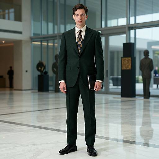 Photograph of a serious-looking man in a black suit, white shirt, and patterned tie, standing in a modern, glass-walled office lobby