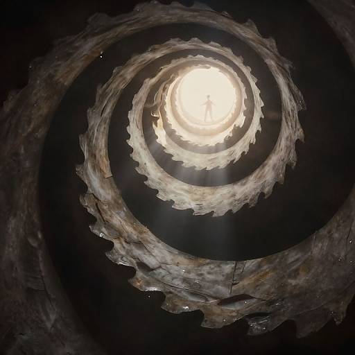 Photograph of a mesmerizing, spiral-shaped, glowing light formation against a dark background, resembling a cosmic whirlpool with swirling, textured edges.