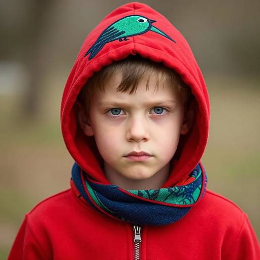 Photograph of a young boy with blue eyes, wearing a red hoodie with a green bird graphic, and a blue patterned scarf, standing outdoors with