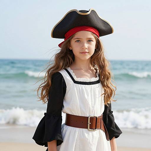 Photograph of a young girl with long brown hair, wearing a black pirate hat, red bandana, white dress with black sleeves, and brown belt