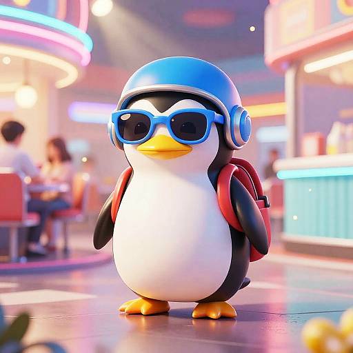 Psychedelic Vaporwave Penguin Diner Scene