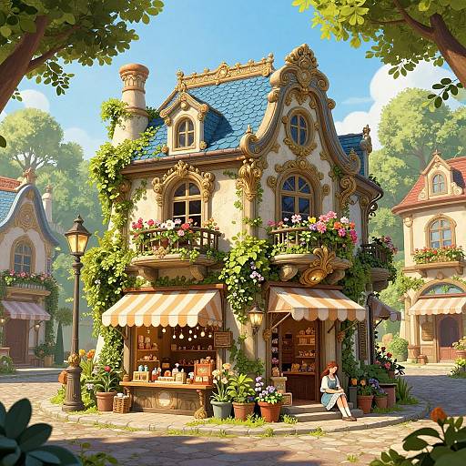 Whimsical, sunlit, fairy-tale-style village house with ornate architecture, blue roof, flower-filled balconies, two outdoor striped aw