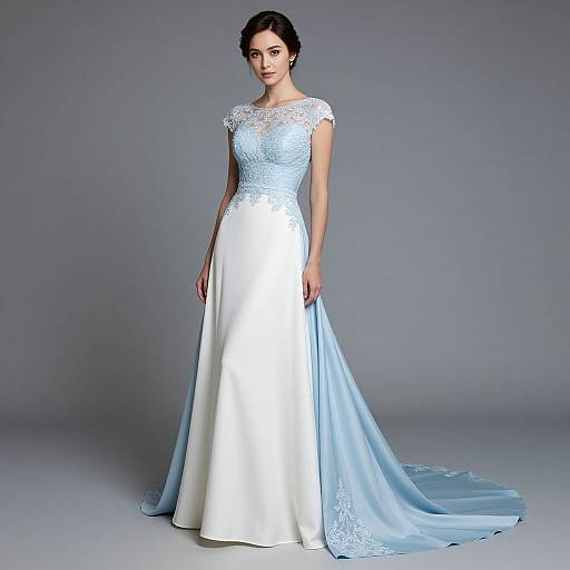 Photograph of a slender woman in a white, lace-embellished, floor-length wedding gown with a light blue, lace-trimmed train