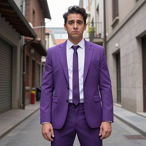 Photograph of a young man with dark hair, wearing a sharp, purple suit, white shirt, and matching tie, standing in a narrow urban alley