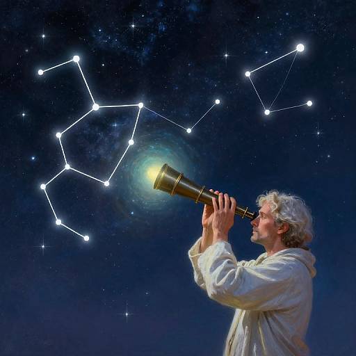 Silver-haired man in white robe using telescope to gaze at constellation, illuminated against a dark, starry night sky. Digital illustration.