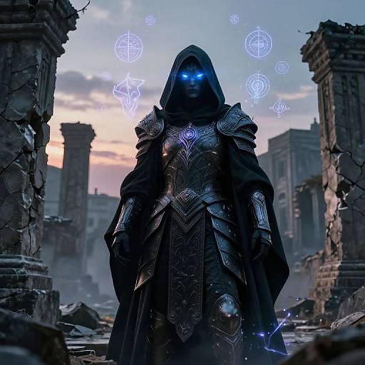 Digital artwork of a glowing blue-eyed, hooded, armored figure standing in a ruined, mystical cityscape with geometric light patterns in the sky.