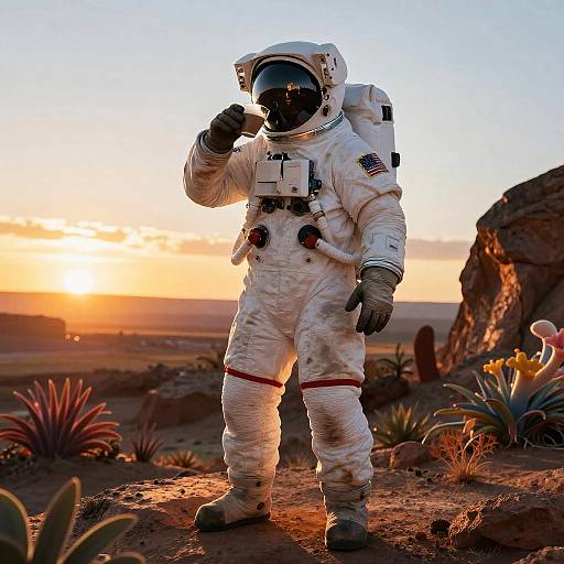 Photorealistic CGI of an astronaut in a white spacesuit with American flag patch, standing on a rocky desert landscape at sunset.