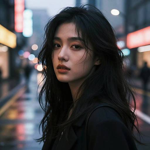 Photograph of a young Asian woman with long, disheveled black hair, wearing a black coat, standing in a rainy, neon-lit urban