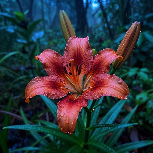 Vibrant red lily with dewdrops, surrounded by green leaves, and two unopened buds in a dark, misty forest. Photograph.