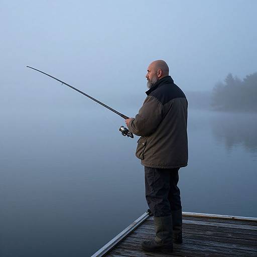 Photograph of bald, bearded man in dark jacket and pants fishing on foggy lake from wooden dock, holding fishing rod.