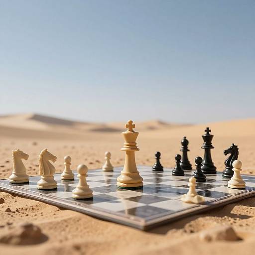 Photograph of a chessboard with white and black pieces on a sandy desert with a clear blue sky in the background.