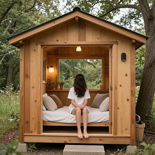 Photograph of a woman with long dark hair, wearing a white dress, sitting on a wooden garden shed bed, surrounded by greenery.