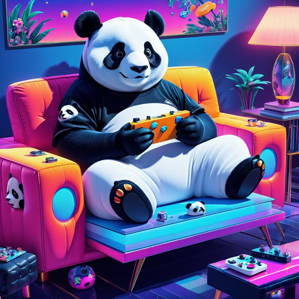 Surreal Panda Gaming on a Couch