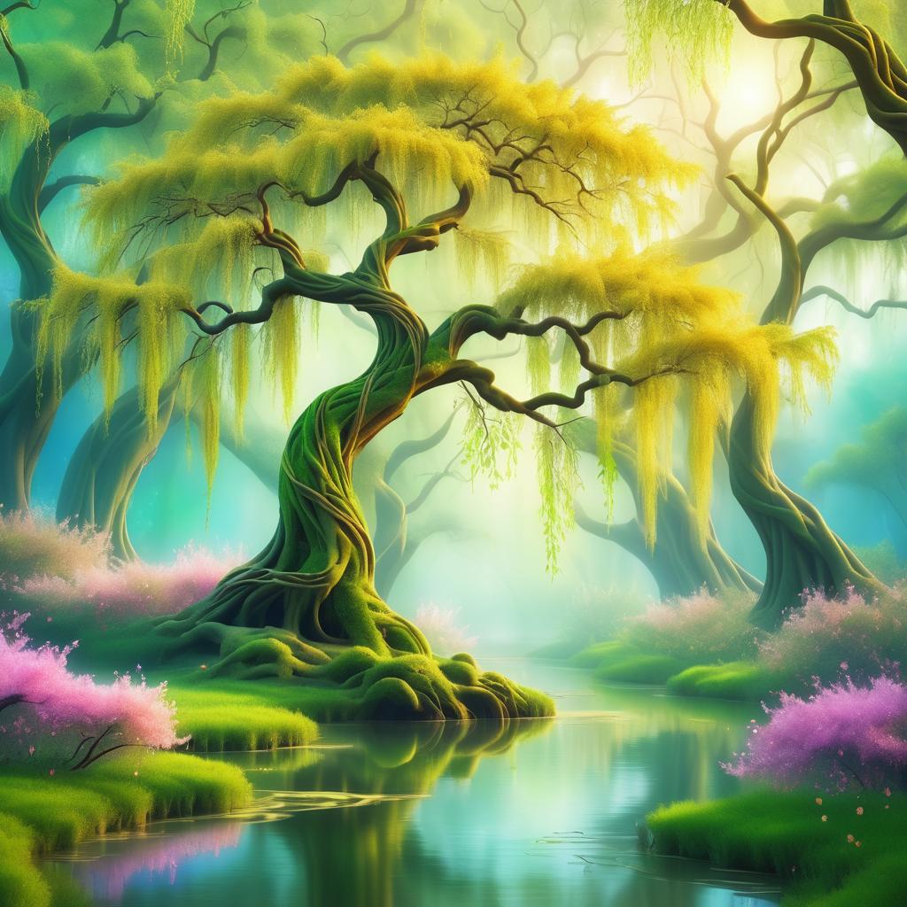 Mystical Willow Tree in Dreamlike Forest