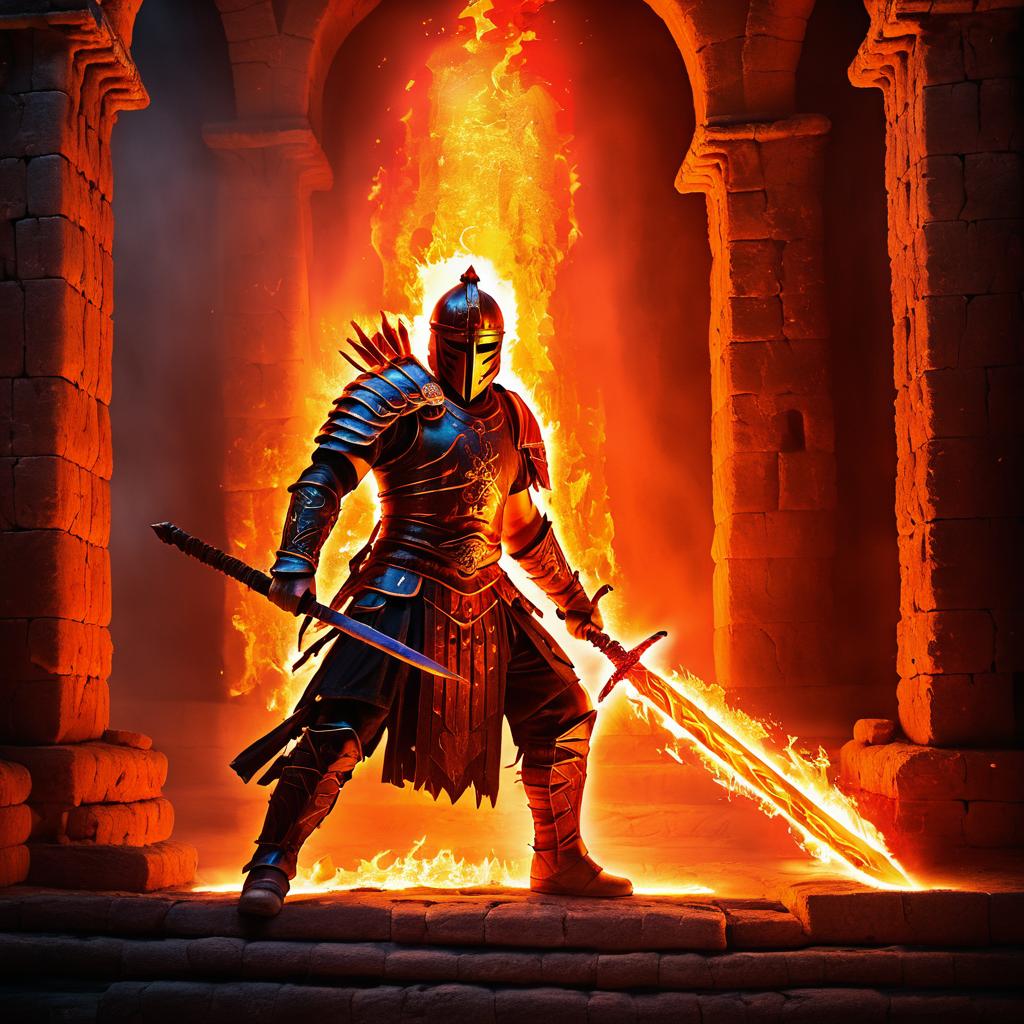 Flaming Warrior in Ancient Ruins Art