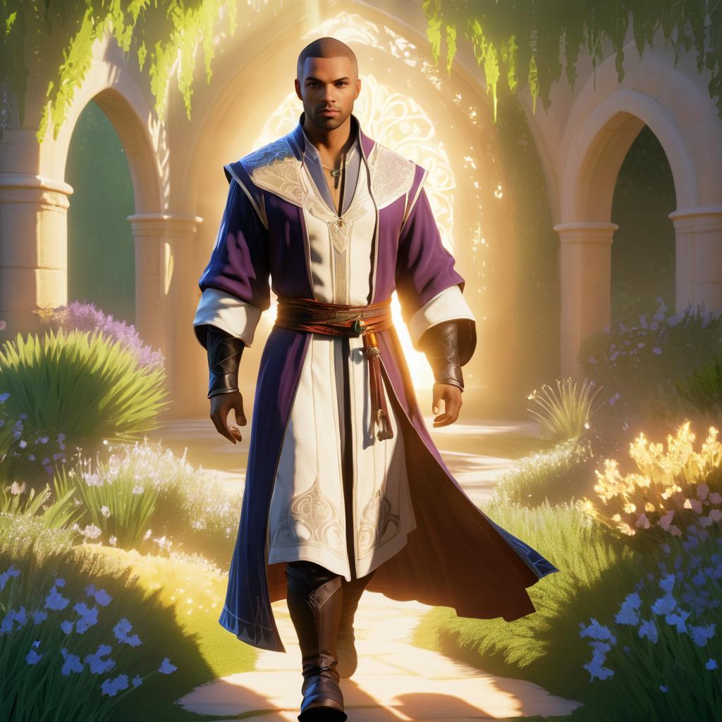 Casual Male Mage in Sunlit Garden