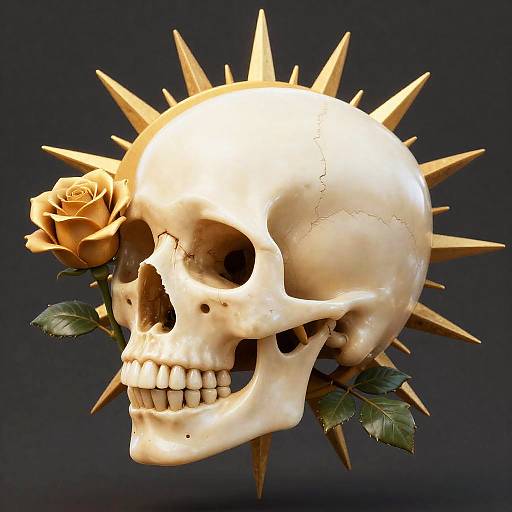 Ivory Skull Portrait with Golden Rose