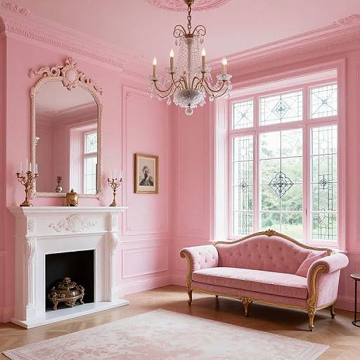 Photograph of a pink-paneled living room with a white ornate fireplace, pink velvet chaise lounge, crystal chandelier, large window, and
