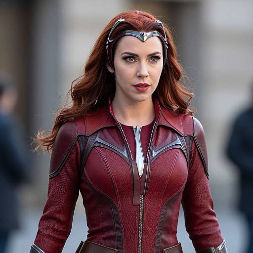 Photograph of a red-haired woman with fair skin, wearing a tight, maroon leather superhero suit with black accents, standing confidently in a blurred urban