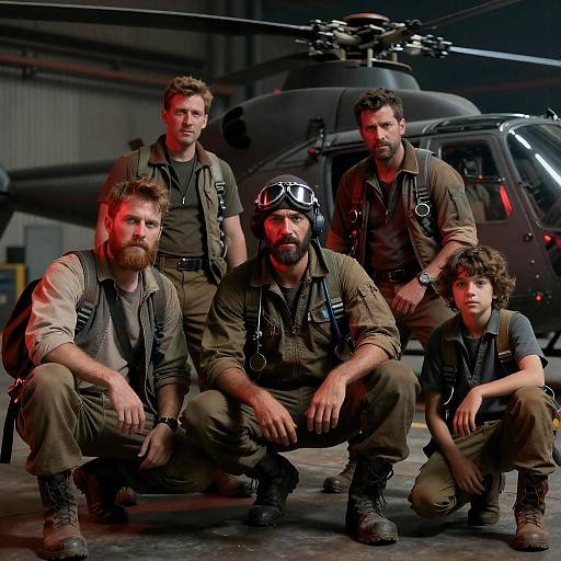 Courageous Men in a Dimly Lit Hangar
