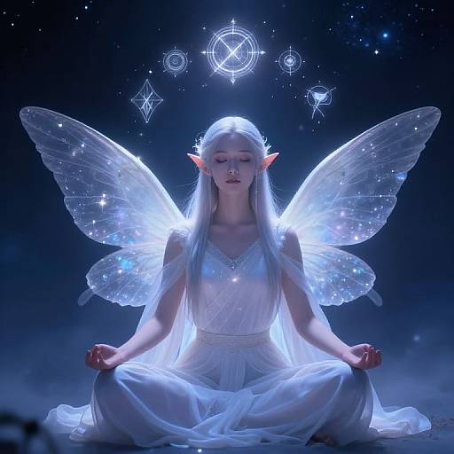 Photorealistic digital artwork of a serene, fair-skinned, elven woman with glowing white wings, long silver hair, and pointed ears, med