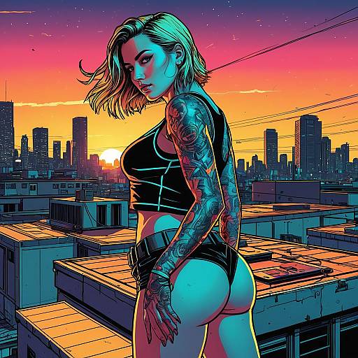 Cyberpunk Tattooed Woman on Urban Rooftop