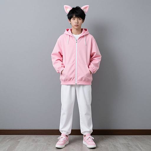 Photograph of an Asian boy with black hair, wearing pink cat ears, a pink hoodie, white pants, and pink sneakers, standing against a gray