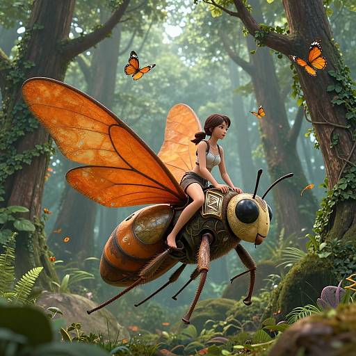 Digital fantasy art: A young woman with brown hair rides an oversized, orange-winged insect through a lush, sunlit forest with fluttering orange butterflies