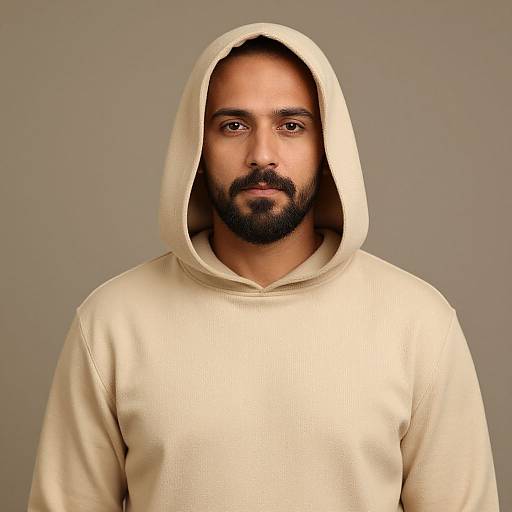 Bearded Man in Beige Hooded Outfit