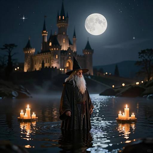 Wizard Standing in Water Near Enchanted Castle at Night