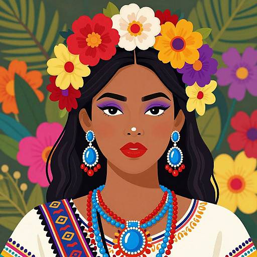 Digital illustration of a dark-skinned woman with black hair, wearing a colorful flower crown, vibrant earrings, and traditional Mexican clothing, set against a lush