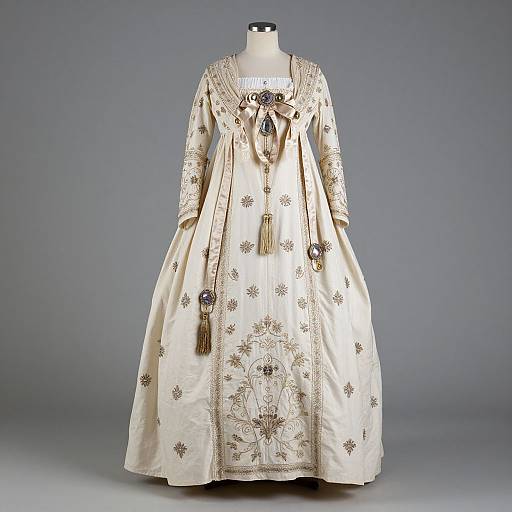 Photograph of an elaborate, 18th-century cream-colored gown with intricate gold embroidery, long sleeves, and decorative tassels, displayed on a