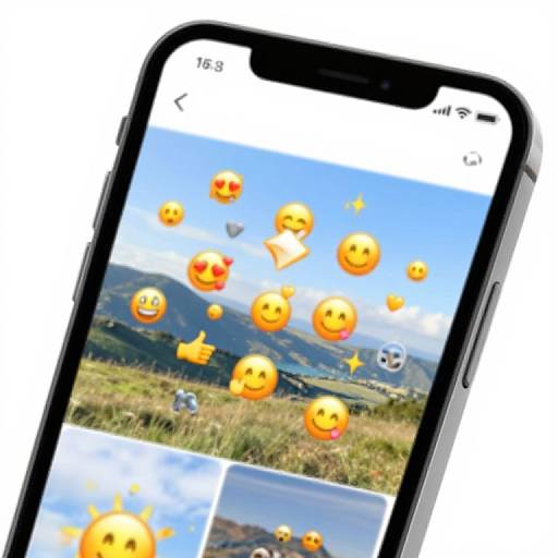 Photograph of a smartphone displaying a screen with various smiling emoji icons overlaying a scenic mountain and grass field background.