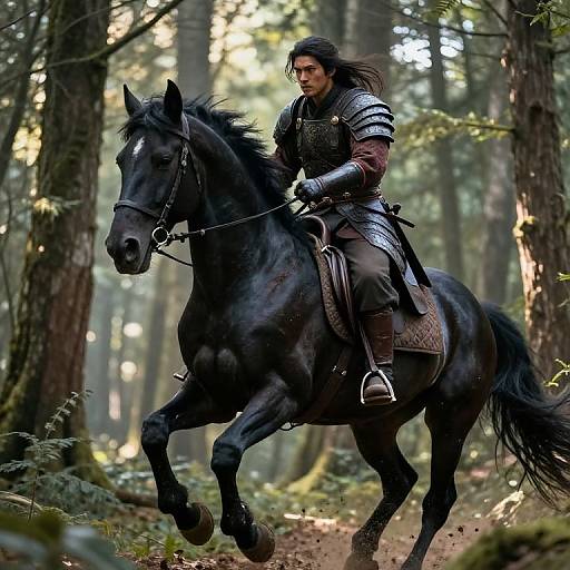 Photograph of a medieval knight with long dark hair, wearing silver armor, riding a black horse through a sunlit forest.