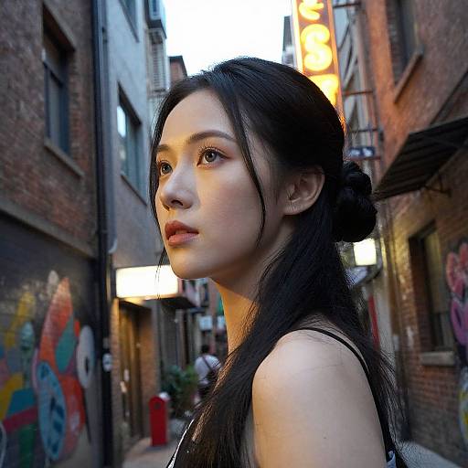 Photograph of an Asian woman with long black hair in a bun, wearing a sleeveless top, standing in a narrow urban alley with graffiti and neon