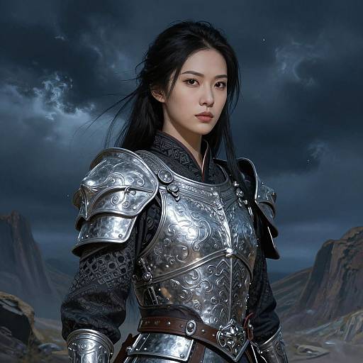 Digital art of an Asian woman with long black hair, wearing intricate silver armor, standing in a stormy, mountainous landscape.