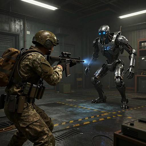 Soldier Facing Rogue AI in Warehouse