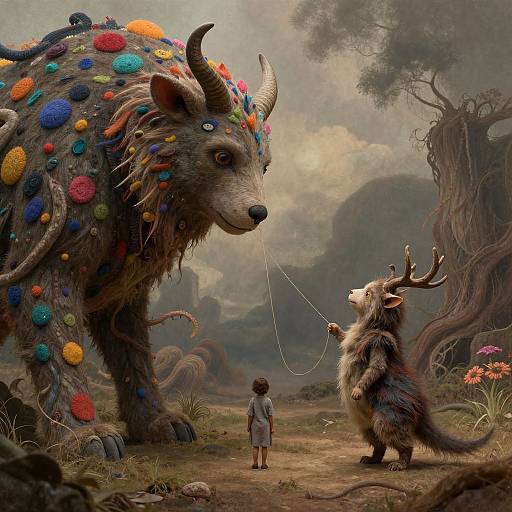 Fantasy digital painting: A small child stands between a horned, colorful beast with yarn-like whiskers and a smaller, antlered creature,