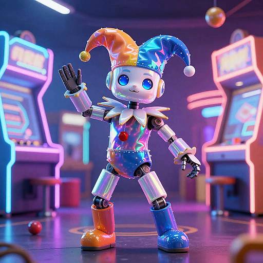 Whimsical Robot Jester in Neon Arcade