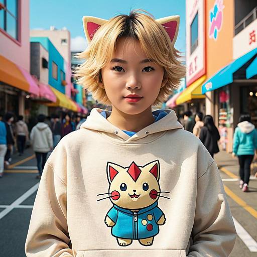 Young Asian Person in Kawaii Cat Sweatshirt