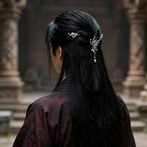 Photograph of a woman with long black hair, adorned with white butterfly hairpins, wearing a red patterned robe, facing away in an ancient,